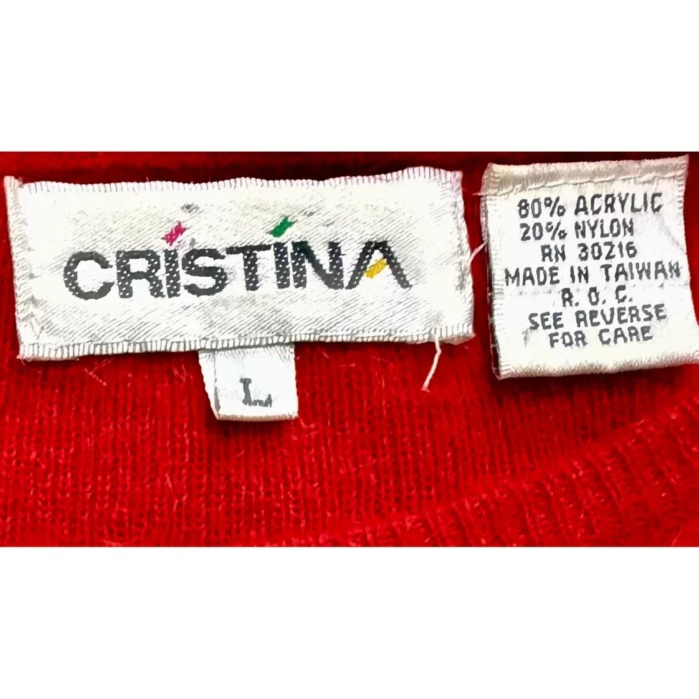 Cristina‎ Women's Red Beaded Sequin Holiday Crew Neck Sweater Size Large Vintage